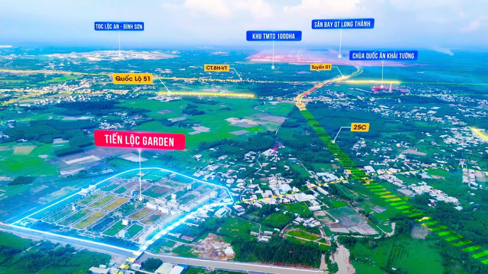 Vị trí Tiến Lộc Garden so với 25C, Quốc lộ 51 và sân bay Long Thành