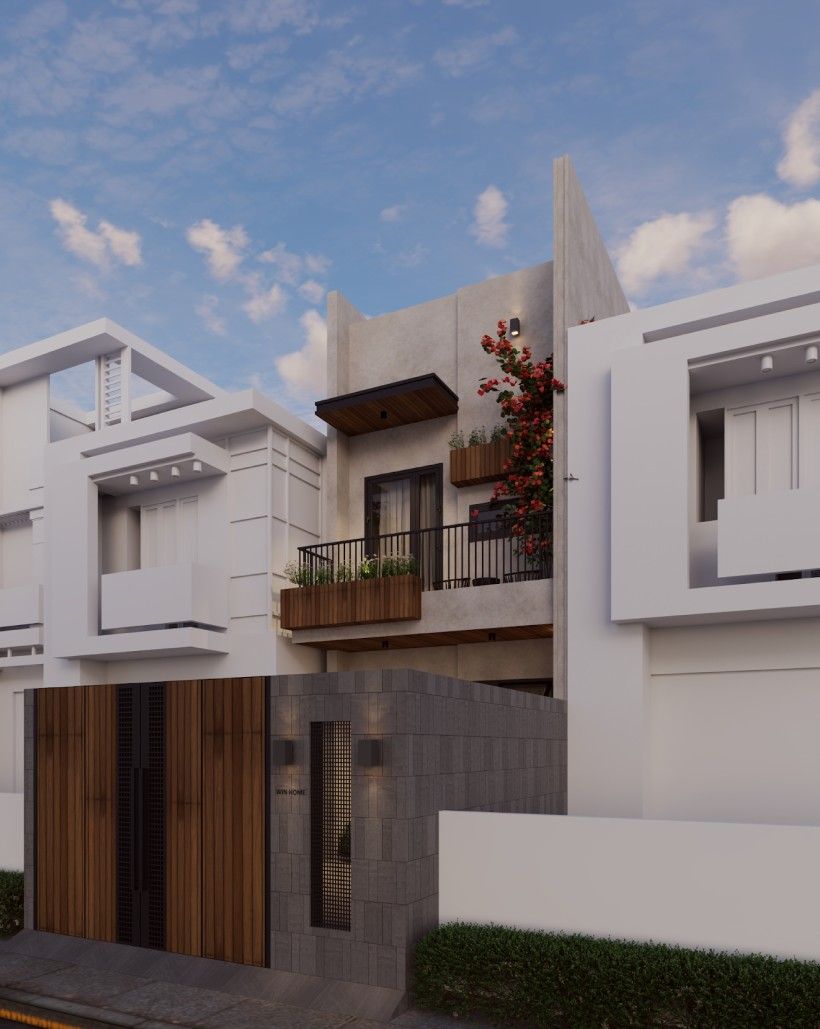Phối cảnh 3D góc nghiêng mặt tiền, cổng gỗ và ban công hoa giấy