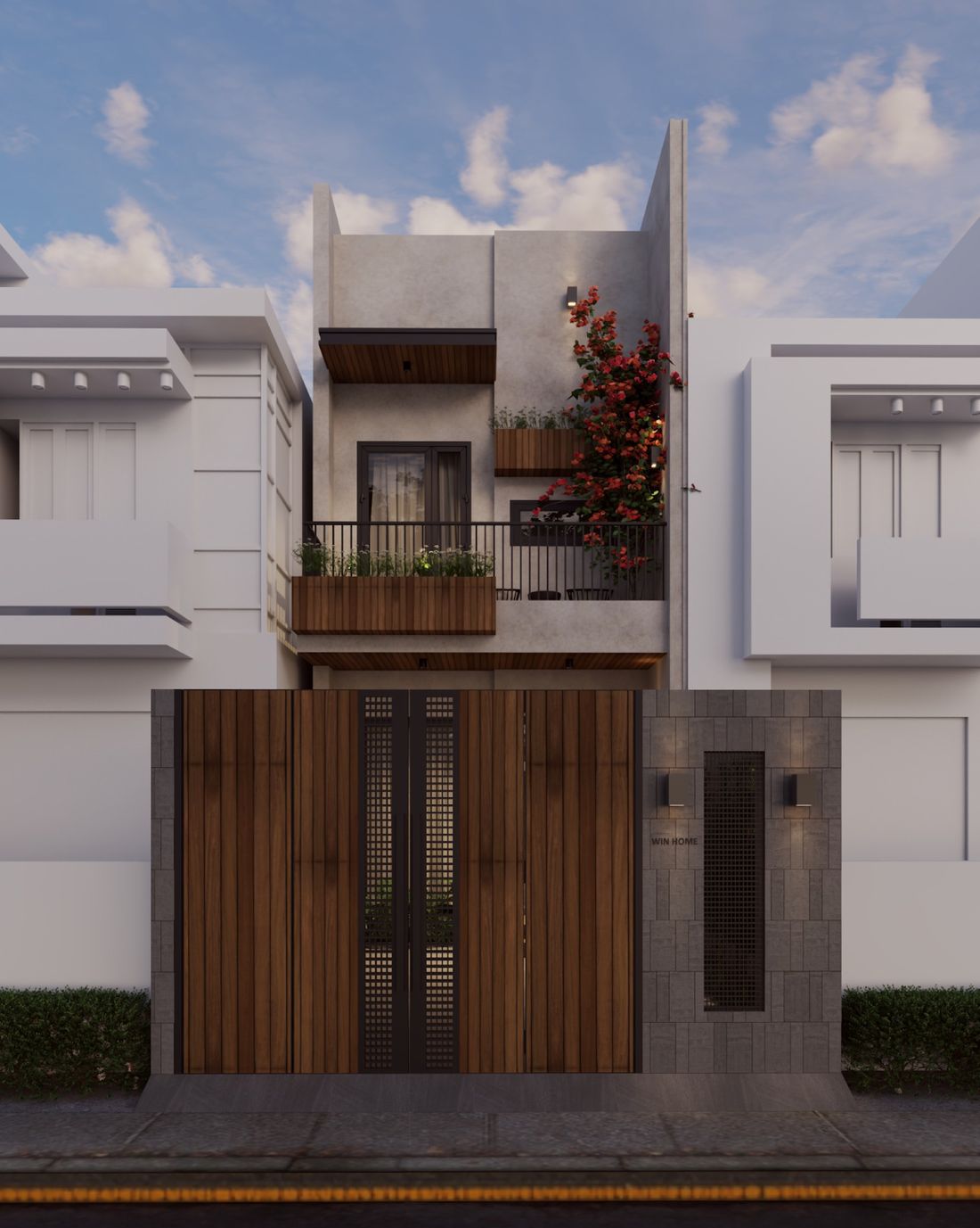 Phối cảnh 3D mặt tiền ban ngày, nhà 1 trệt 1 lầu TĐC Phước Thiền