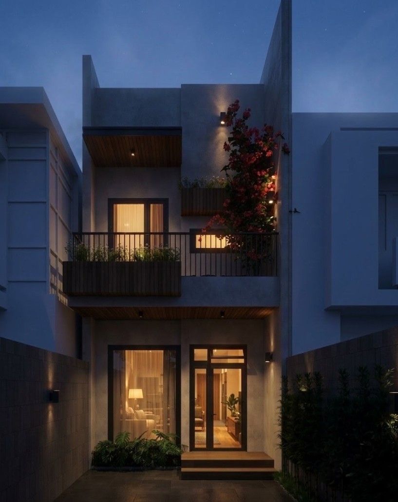 Phối cảnh 3D trong sân trước, nhìn vào cửa chính và cửa kính phòng khách